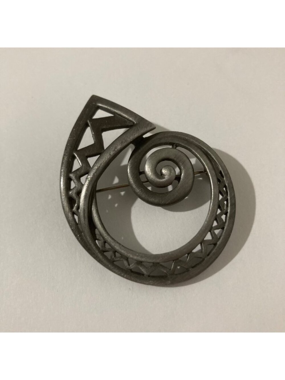 Vintage Pewter Spiral French Horn Nautilus Brooch